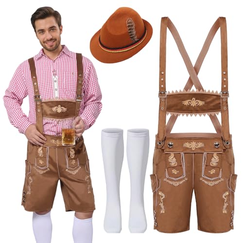 Oktoberfest Herren Outfit, Bayrische Tracht Herren Oktoberfest Overall Kostüm mit Trachten Lederhose, Hut, Socken für Cosplay Party Karneval (Braun, 2XL) von Solorass