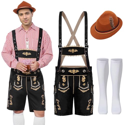 Oktoberfest Herren Outfit, Bayrische Tracht Herren Oktoberfest Overall Kostüm mit Trachten Lederhose, Hut, Socken für Cosplay Party Karneval (Schwarz, 2XL) von Solorass