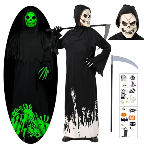Sensenmann Kostüm Kinder Glow in the Dark – Halloween Grim Reaper Kapuz Costume Set mit Skelett Maske – Gruseliges Kostüm Jungen Mädchen 4-9 (M) von Solorass