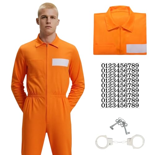 Solorass Häftling Kostüm Kind Herren Orange – Sträfling Gefängnisoverall mit Handschellen & Nummer – Prisoner Costume Halloween Verkleidung für Erwachsene Damen Herren Karneval (Erwachsener, S) von Solorass