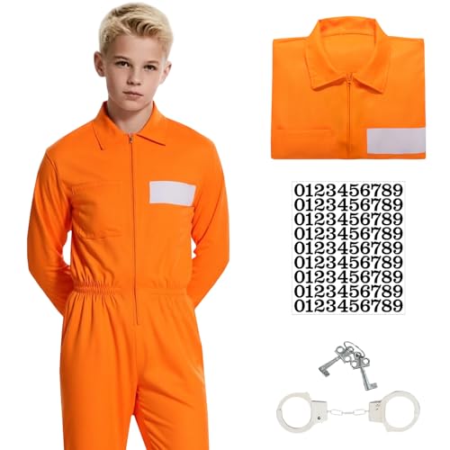 Solorass Häftling Kostüm Kind Herren Orange – Sträfling Gefängnisoverall mit Handschellen & Nummer – Prisoner Costume Halloween Verkleidung für Erwachsene Damen Herren Karneval (Kind, XL) von Solorass