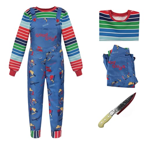 Solorass Halloween Kostüm Kinder Erwachsene Gestreifter Overall Gruseliger Killer Overall Regenbogen Hosenträgerkleid (Erwachsene, 2XL) von Solorass