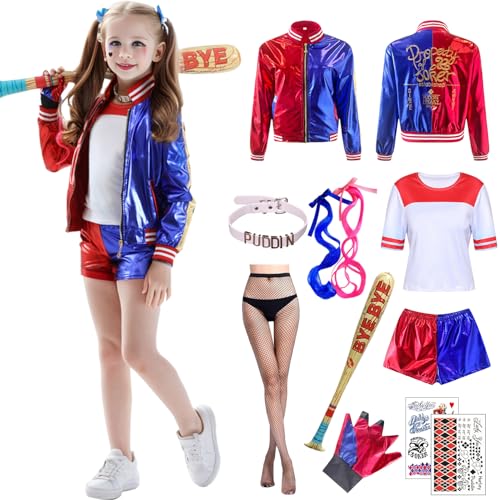 Solorass Halloween Kostüme für Kinder, Mädchen Joker Kostüm mit Jacke T-shirt Shorts Handschuhe, Halloween Karneval Cosplay Kostüme Kinder (Kind, 140) von Solorass