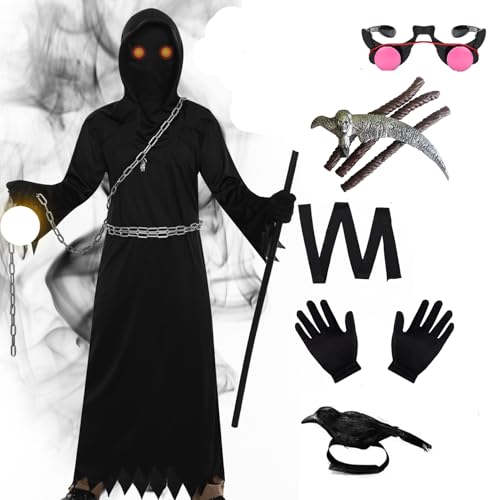 Solorass Halloween Sensenmann Kostüm Kinder Herren, Grim Reaper Kostüm Set Erwachsene Kinder Jungen Sensenmann Sense Brille Kette Gürtel Karneval Cosplay (Kind, XL) von Solorass
