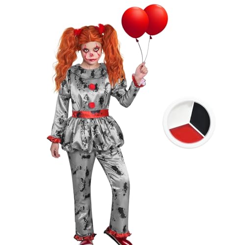 Solorass Scary Clown Kostüm Kinder Halloween, Horror Killer Clown Verkleidung mit Schminke Ballon, Grusiges Cosplay Outfit für Jungen Mädchen Karneval Party 3-12 Jahre (M) von Solorass