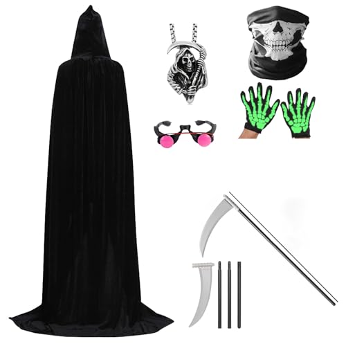 Solorass Sensenmann Kinderkostüm, Grim Reaper Halloween Kostüm Set mit Handschuhen Totenkopfmaske, Reaper Vampir Cosplay Outfit für Jungen & Mädchen Karneval Party (A, 130) von Solorass