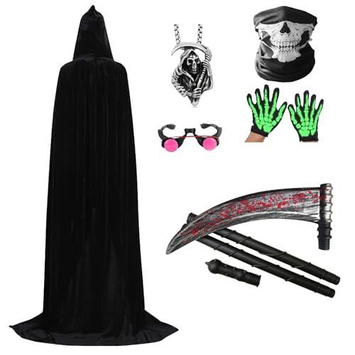 Solorass Sensenmann Kinderkostüm, Grim Reaper Halloween Kostüm Set mit Handschuhen Totenkopfmaske, Reaper Vampir Cosplay Outfit für Jungen & Mädchen Karneval Party (B, 130) von Solorass