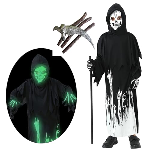 Solorass Sensenmann Kostüm Kinder Glow in the Dark–Halloween Grim Reaper Kapuz Costume Set – Gruseliges Kostüm Jungen Mädchen 4-9 (B, S) von Solorass