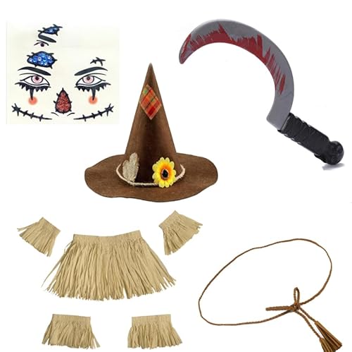 Solorass Vogelscheuche Kostüm Damen Herren mit Hut Gürtel Sichel Gesichtstattoo, Halloween Kostüm Zubehör für Erwachsene, Scarecrow Ernteparty Cosplay Garten Deko Verkleidung Solorass Vogelscheuche Kostüm Damen Herren mit Hut Gürtel Sichel Gesichtstattoo, Halloween Kostüm Zubehör für Erwachsene, Scarecrow Ernteparty Cosplay Garten Deko Verkleidung von Solorass