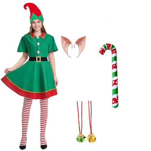 Solorass Weihnachtself Kostüm Damen Herren Kinder, Weihnachtskostüm Elfen Kostüm Outfit, Wichtel Elfenkostüm mit Kleid, Hose, Gürtel, Hut, Elfenohren & Glöckchen für Weihnachten Party (Damen, L) von Solorass