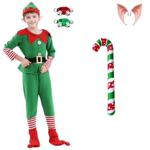 Solorass Weihnachtself Kostüm Damen Herren Kinder, Weihnachtskostüm Elfen Kostüm Outfit, Wichtel Elfenkostüm mit Kleid, Hose, Gürtel, Hut, Elfenohren & Glöckchen für Weihnachten Party (Junge, 150) von Solorass