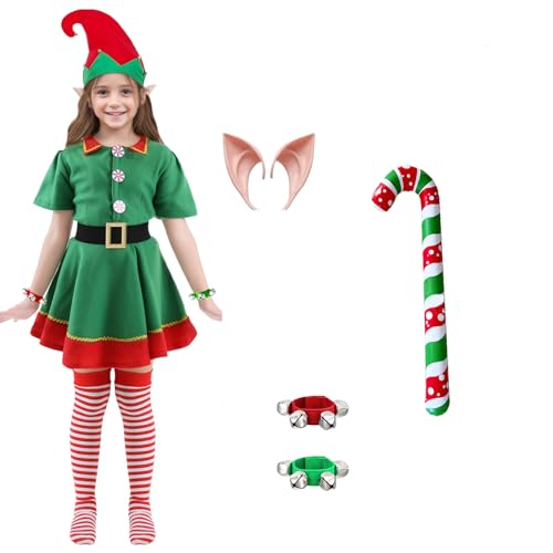Solorass Weihnachtself Kostüm Damen Herren Kinder, Weihnachtskostüm Elfen Kostüm Outfit, Wichtel Elfenkostüm mit Kleid, Hose, Gürtel, Hut, Elfenohren & Glöckchen für Weihnachten Party (Mädchen, 110) von Solorass