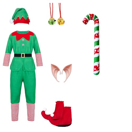 Solorass Weihnachtself Kostüm Damen Herren Kinder, Weihnachtskostüm Elfen Kostüm Outfit, Wichtel Elfenkostüm mit Kleid, Hose, Gürtel, Hut, Elfenohren & Glöckchen für Weihnachten Party (Männer, M) von Solorass