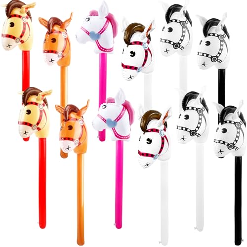 Aufblasbarer Stab für Pferde, bunt, aufblasbar, mit Pferdekopf, Ballon, niedlich, für Kindergeburtstage, Cowboy, Pferd, Themenparty, 6 Farben (Farbset 1), 12 Stück von Sonarun