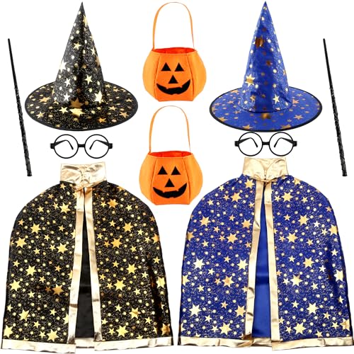 Sonarun Zauberer-Umhang-Kostüm-Set für Kinder, Halloween, Hexenumhang, Kapuze, Hexenumhang und Hut für Jungen und Mädchen, Halloween, Party, Cosplay, 10-teilig von Sonarun