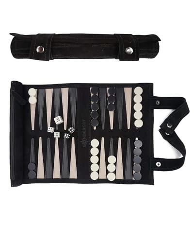 Sondergut - Backgammon (Black) / Echtleder Roll-Backgammon/Reisespiel für Erwachsene und Kinder/für 2Spieler/ Würfelspiel, Brettspiel, Spieleklassiker, Geschenk, Strategie von Sondergut