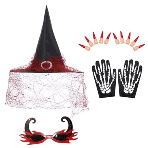 Hexenhut mit Schleier, Flammenbrille, künstliche Nägel, Skelett-Handschuhe, Halloween-Kostüm-Set, Partyzubehör für Halloween, Cosplay, Hexe, Cosplay, Flammenbrille, spitze Hüte, Skelett-Handschuhe von Songelt