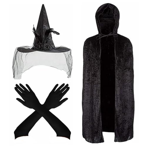 Hexenkostüm-Set enthält Hexenumhang Hut und langen Handschuh, Halloween-Kapuzenumhang, Kostüm für Teenager, Erwachsene, Cosplay, Cosplay-Zubehör von Songelt