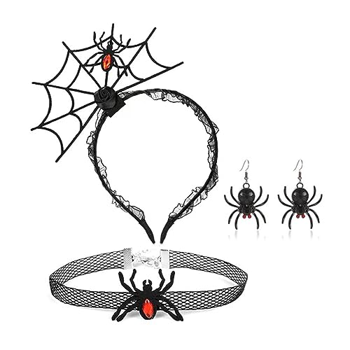 Punk Spiderweb Form Haarband Cosplay Choker baumeln Ohrring Halloween Zubehör für Frauen Mädchen Party Stirnband Halloween Haarreifen von Songelt