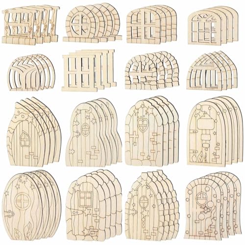 Songelt 64 Stück Miniatur-Holz-Elfen-Türen, unlackierte Feentüren für Kinder, Fantasie, kreative Zwerge für Feen, Garten, kreative Zwerge von Songelt