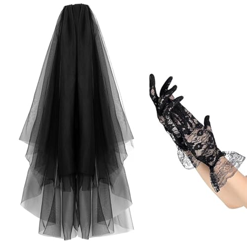 Songelt Einzigartiges schwarzes Spitzen-Kopfschmuck und Handschuhe, Cosplay-Kostüm, Zubehör für Halloween-Festlichkeiten und Themenveranstaltungen, Maskerade, Party-Outfit von Songelt