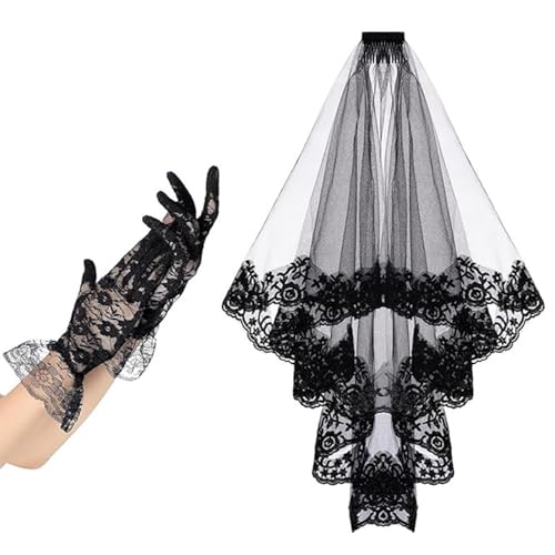 Songelt Einzigartiges schwarzes Spitzen-Kopfschmuck und Handschuhe, Cosplay-Kostüm, Zubehör für Halloween-Festlichkeiten und Themenveranstaltungen, Maskerade, Party-Outfit von Songelt