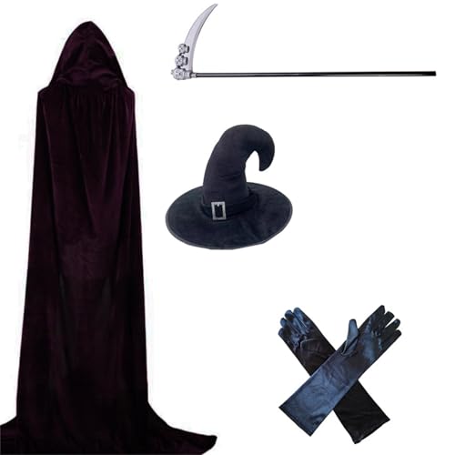 Totenumhang aus Samt für Erwachsene, mit passendem Hexenhut, Sense und Handschuhen, Set für Halloween und Hexe, Cosplay, Kostümpartys, Halloween, Motto-Party von Songelt