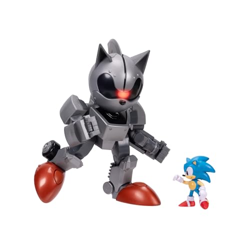 Sonic The Hedgehog – Riesiger Mecha Sonic vs. Sonic, offiziell lizenziert von Jakks Pacific, 20,3 cm großes Spielset, hochbeweglich mit Leuchtfunktionen, Sonic-Figur enthalten von Sonic The Hedgehog