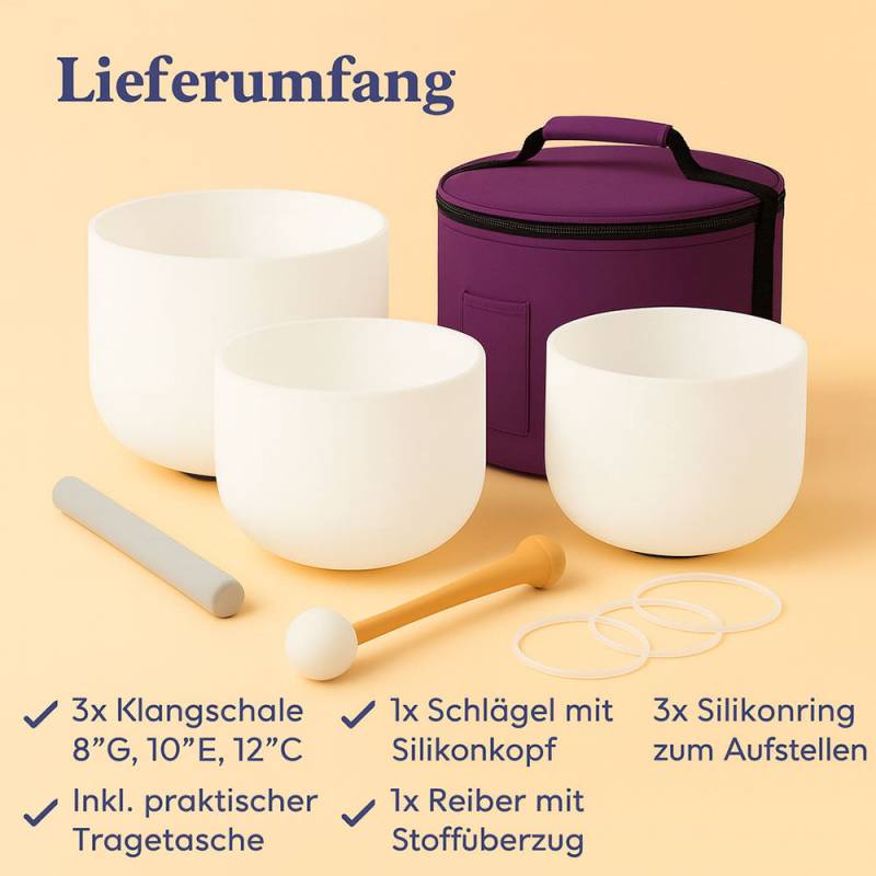 Sonodrum 3er-Set „Harmonie Trilogie” – Kristallklangschalen aus Quarzkristall (432 Hz) von Sonodrum
