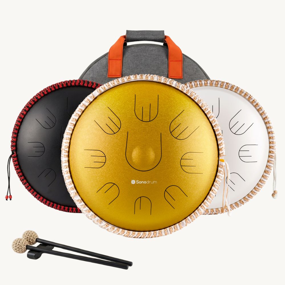 Sonodrum Sonopan - „Handpan Hybrid“ - Handgefertigt - 35,5 cm - 9 Zungen – D-Kurd, Gold von Sonodrum