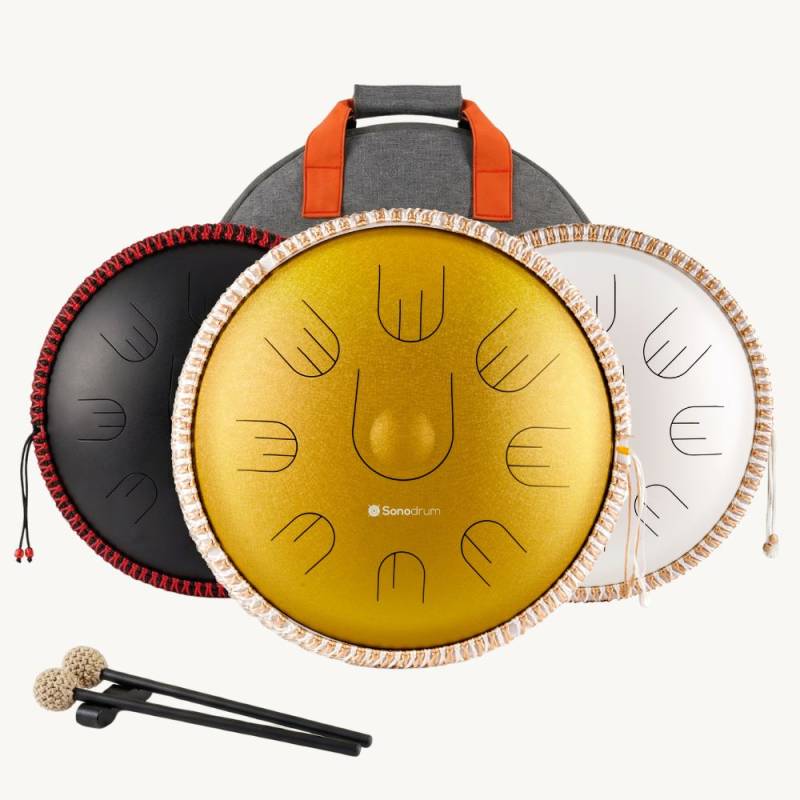 Sonodrum Sonopan - „Handpan Hybrid“ - Handgefertigt - 35,5 cm - 9 Zungen – D-Kurd, Gold von Sonodrum
