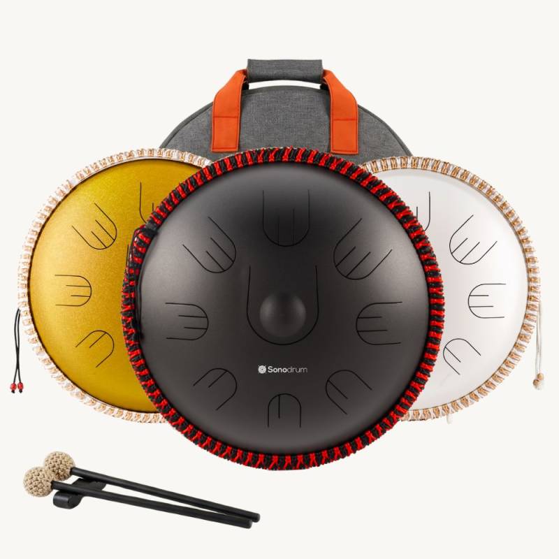 Sonodrum Sonopan - „Handpan Hybrid“ - Handgefertigt - 35,5 cm - 9 Zungen – D-Kurd, Schwarz von Sonodrum
