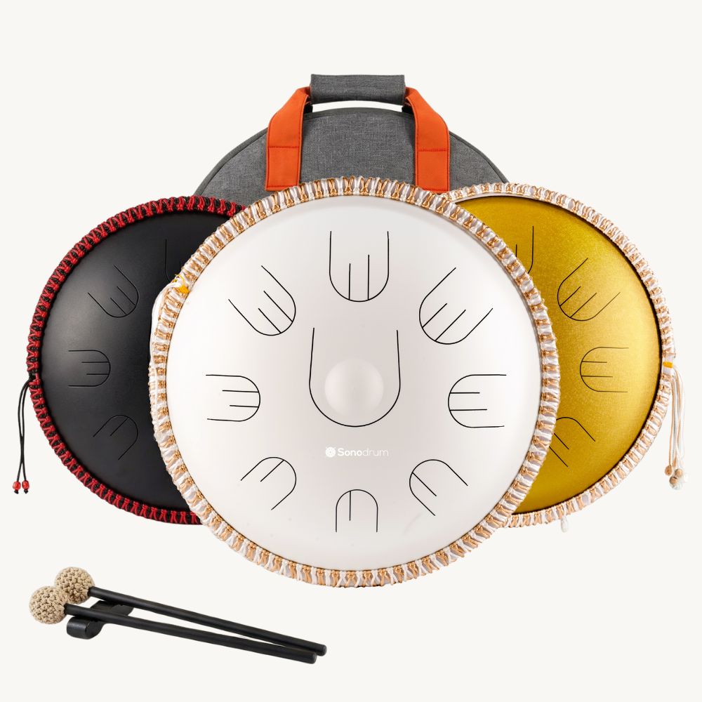 Sonodrum Sonopan - „Handpan Hybrid“ - Handgefertigt - 35,5 cm - 9 Zungen – D-Kurd, Weiß von Sonodrum