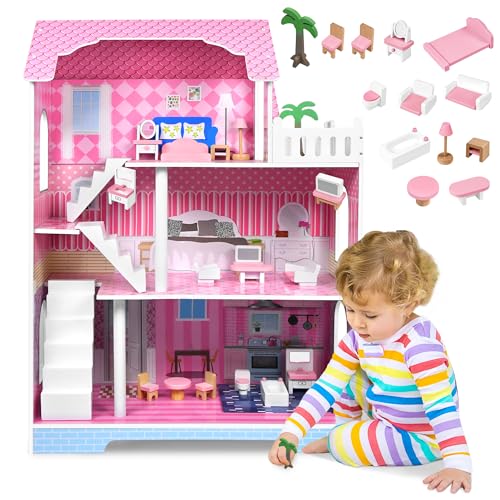 Soontrans Puppenhaus 100x36x70 cm, Puppenhaus Holz, Dollhouse Mädchen, Spielset mit 3 Etagen, Möbeln, Treppe, Zubehör, Terrasse, Puppenhaus Spielzeug für Kinder ab 3 Jahre, Geschenk für Mädchen Soontrans Puppenhaus 100x36x70 cm, Puppenhaus Holz, Dollhouse Mädchen, Spielset mit 3 Etagen, Möbeln, Treppe, Zubehör, Terrasse, Puppenhaus Spielzeug für Kinder ab 3 Jahre, Geschenk für Mädchen von Soontrans