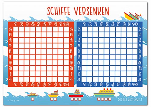 Sophies Kartenwelt Schiffe Versenken Block - 50 Blatt Spielblock - Reisespiel für Jungen und Mädchen aus Papier - Das Flottenmanöver Mitbringspiel von Sophies Kartenwelt