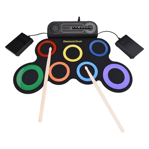 Sorandy Elektronische Trommel -Set mit Lautsprecher, 7 Pads Rollen Elektrisches Drum -Pad für Verschiedene Audioeingang, Silicon Drum Übungskissen Kit mit 2 Drumsticks & Fußpedal (Colorful) von Sorandy