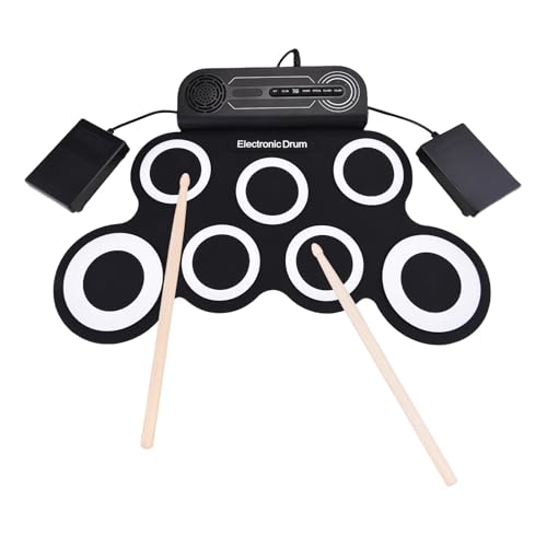 Sorandy Elektronische Trommel -Set mit Lautsprecher, 7 Pads Rollen Elektrisches Drum -Pad für Verschiedene Audioeingang, Silicon Drum Übungskissen Kit mit 2 Drumsticks & Fußpedal (Schwarz und weiß) von Sorandy