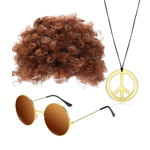 3/4-teiliges Hippie Kostüm Set, Brille, Dicos/Peace Zeichen, Halsketten, Perücken, Gefälschter Bart, Hippie Zubehör Für 80er Jahre Raves Party von Sorrowso