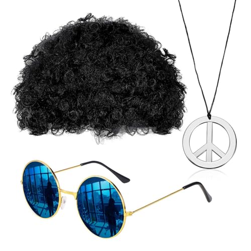 3/4-teiliges Hippie Kostüm Set, Brille, Dicos/Peace Zeichen, Halsketten, Perücken, Gefälschter Bart, Hippie Zubehör Für 80er Jahre Raves Party von Sorrowso