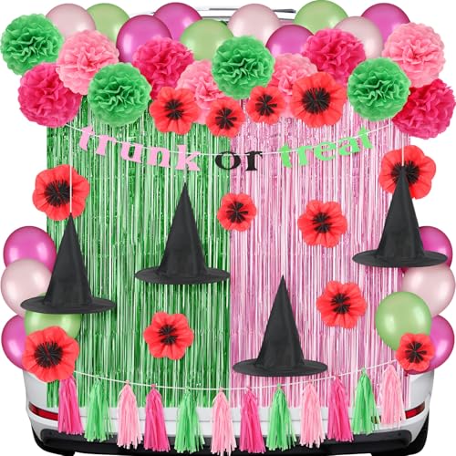 Sosation 52 Stück Hexenstamm oder Leckerli-Auto-Set, rosa und grün, Kofferraum- oder Leckerei-Dekorationen, Halloween, Torbogen, Garagendekoration mit Hintergrund, Ballonbanner, Papierblumen für von Sosation