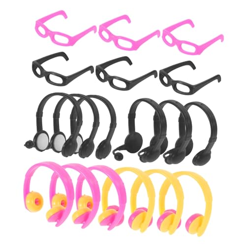 Sosoport 18 Stück Mini-Simulationskopfhörer Puppe Miniatur Zubehör Kleid Mädchen Brillen Brille anziehen Mini-Headset-Ornament Spielbrille vortäuschen auffällige Gläserdekore Plastik von Sosoport