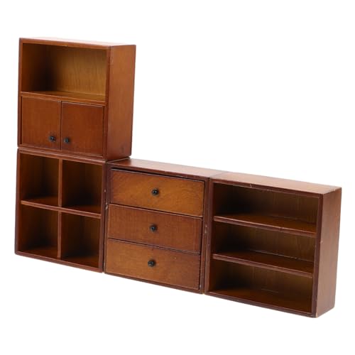 Sosoport 4 Stück Teiliges Miniatur Holzsideboard Realistische Puppenhaus Möbel mit Winziger Bücherschrank für DIY Bastelprojekte Geeignet für Mikrolandschaften und Dioramen von Sosoport