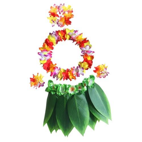 Sosoport 5 Stück Teiliges Hawaiianisches Luau Kostüm Set für Erwachsene Hochwertiges Grünes Rock Teiligem Großen Blumenkranz Tropisches Party accessoire für Strandfestivals und von Sosoport