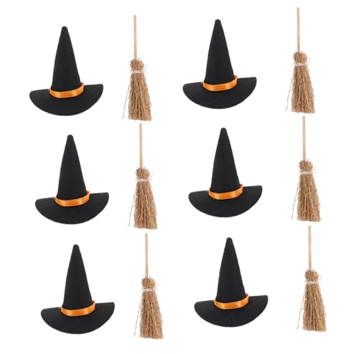 Sosoport 6 Satz Mini Hexenhüte und Besen Set Teilig aus Filz für Halloween Deko Miniatur Hexenhut für Bastelarbeiten für Partys und Cosplay von Sosoport
