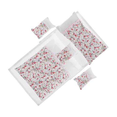 Sosoport 7-Teiliges Set Puppenhaus-Bettwäsche-Set Kinderbettwäsche Mini-Puppenhausmöbel Vintage Puppenhaus Rattan-Puppenhaus Rattan Babybett Pink Babypuppe Stoff von Sosoport