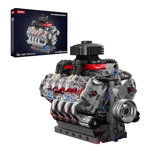 Sosuy V8 Motorbaustein-Sets, Funktionsfähiges Motor-Modell, 487+PCS Mechanik-Dekorations-Set für Sammler, STEM-Auto-Spielzeug für Jungen, Geburtstagsgeschenk für 8+ Kinder, Erwachsene, Männer und Mädc von Sosuy