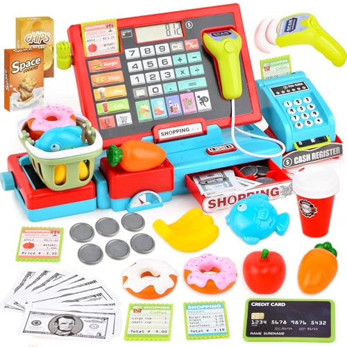 JoyGrow Elektronische Kasse Kinder Rollenspiel Supermarkt Spielzeug Kaufladen Kaufmannsladen Zubehör Registrierkasse Supermarktkasse mit Geld,Lebensmittel, Geschenk für Kinder ab 3 Jahren (Blau) von JoyGrow