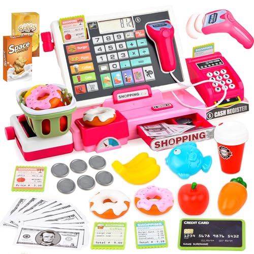 JoyGrow Elektronische Kasse Kinder Rollenspiel Supermarkt Spielzeug Kaufladen Kaufmannsladen Zubehör Registrierkasse Supermarktkasse mit Geld,Lebensmittel, Geschenk für Kinder ab 3 Jahren (Rosa) von Sotodik