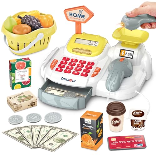 Sotodik 36 Stück Kasse Kinder Rollenspiel Supermarkt Spielzeug Kaufladen Kaufmannsladen Zubehör Registrierkasse mit Geld，Lebensmittel，Kreditkarte Geschenk für Kinder Mädchen ab 3Jahren (Gelb) von Sotodik