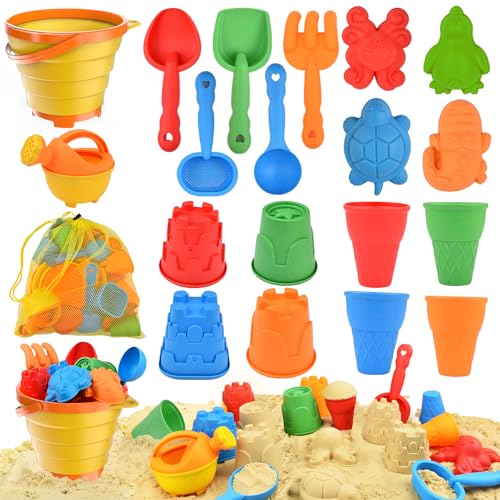 Sotodik 19 Stück Sandspielzeug Set, Reise Sandspielzeug mit Faltbarer Eimer Kinder, Sandkasten Strand Spielzeug Sandförmchen, Outdoor Spielzeug für Kinder Jungen Mädchen Alter 3 4 5 6 7+ von Sotodik